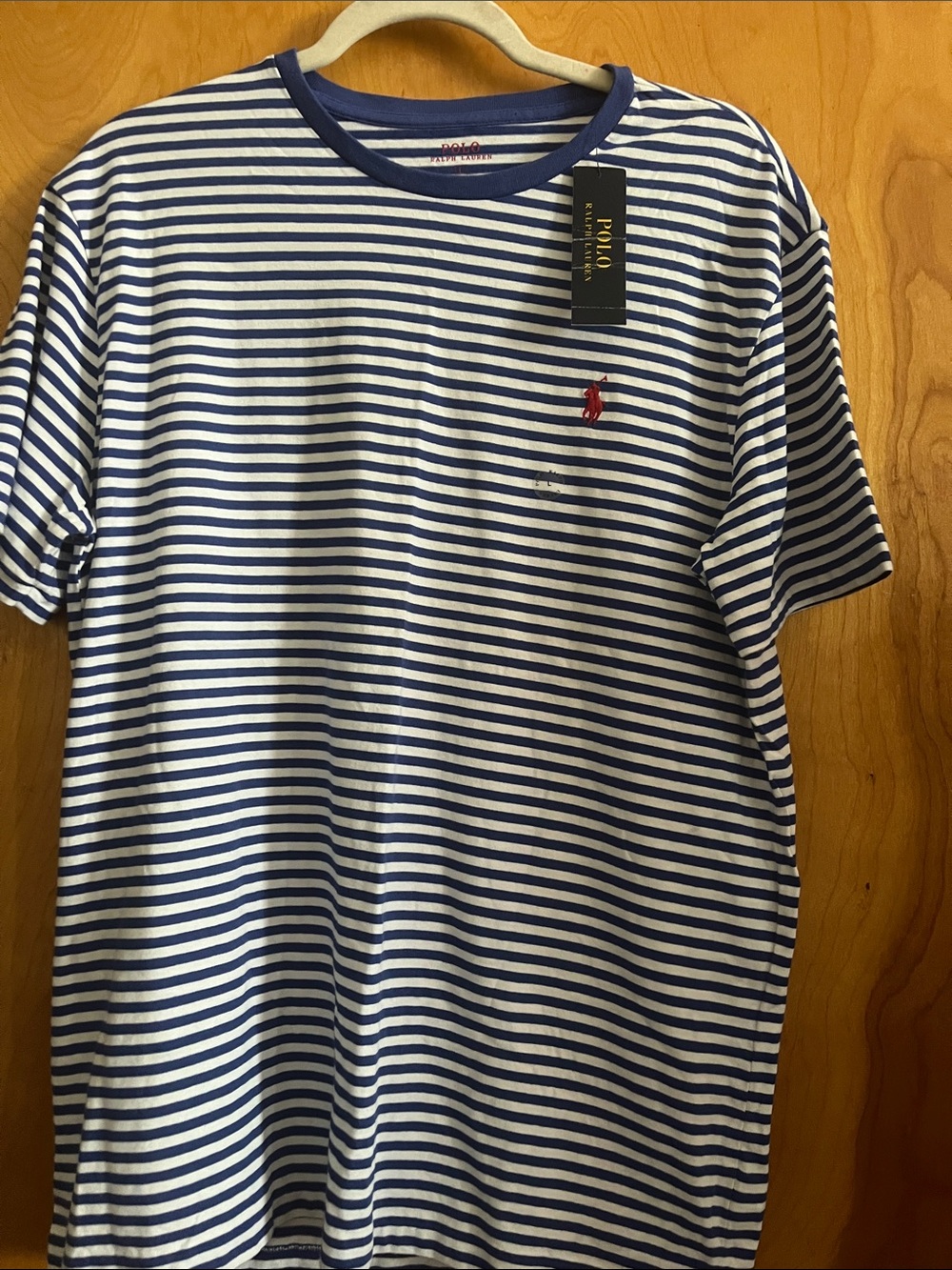 Polo by Ralph Lauren Blue & White Striped Crewneck Tee with Red Pony